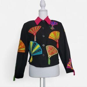 Vintage Anage Fancy Fans Cropped Evening Jacket Fringe Wearable Art Eclectic SM